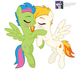 Size: 3600x3309 | Tagged: safe, artist:ramixe dash, flare (g5), luminous dazzle, pegasus, pony, g4, g5, base used, blushing, duo, duo female, eyebrows, female, flying, g5 to g4, generation leap, high res, kissing, lesbian, mare, ship:luminousflare, shipping, signature, simple background, spread wings, transparent background, watermark, wings