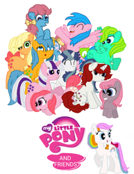 Size: 2280x2960 | Tagged: safe, alternate version, edit, applejack (g1), bow tie (g1), bubbles (g1), cotton candy (g1), ember (g1), firefly, first born, glory, medley, moondancer (g1), twilight, twinkles, cat, g1, g4, my little pony 'n friends, rescue at midnight castle, bow, g1 to g4, generation leap, high res, multicolored hair, my little pony logo, rainbow hair, rainbow tail, remake, simple background, tail, tail bow, white background