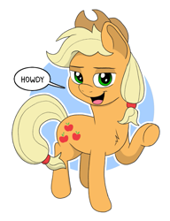 Size: 627x816 | Tagged: safe, alternate version, edit, applejack, earth pony, pony, circle background, female, howdy, lidded eyes, looking at you, mare, open mouth, open smile, raised hoof, remake, simple background, smiling, smiling at you, solo, white background