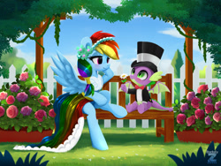 Size: 2400x1800 | Tagged: safe, artist:darksly, rainbow dash, spike, dragon, pegasus, pony, g4, bench, bowtie, bridesmaid dress, clothes, cute, dress, female, fence, flower, formal wear, garden, gown, hat, looking at each other, looking at someone, male, ship:rainbowspike, shipping, spike's first bow tie, straight, suit, top hat, tuxedo, winged spike, wings