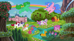 Size: 300x168 | Tagged: safe, artist:emberwolfsart, applejack (g1), bow tie (g1), bubbles (g1), cotton candy (g1), ember (g1), firefly, first born, glory, medley, moondancer (g1), sealight, seawinkle, twilight, wavedancer, earth pony, pegasus, pony, unicorn, g1, rescue at midnight castle, apple, apple tree, baby, baby pony, background, bipedal, bow, castle, cloud, eyes closed, female, flying, hair bow, horn, open mouth, open smile, ponyland, rainbow, river, seapony (g1), sky, smiling, spread wings, standing, tail, tail bow, tree, walking, water, wings