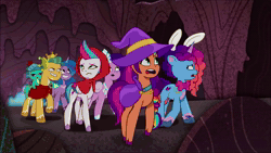 Size: 1920x1080 | Tagged: safe, screencap, hitch trailblazer, izzy moonbow, misty brightdawn, pipp petals, sparky sparkeroni, sunny starscout, zipp storm, dragon, earth pony, pegasus, unicorn, buried in a good book, g5, my little pony: tell your tale, spoiler:g5, spoiler:my little pony: tell your tale, spoiler:tyts02e10, animated, baby, baby dragon, bunny ears, cape, cave, clothes, female, horn, male, mane five, mane six (g5), mare, questopia, roar, sound, stallion, webm, zantorp
