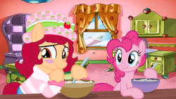 Size: 2500x1406 | Tagged: safe, artist:katnekobase, artist:user15432, pinkie pie, earth pony, pony, g4, baking, base used, blushing, bowl, clothes, crossover, hat, hoof over mouth, kitchen, looking at each other, looking at someone, mixing bowl, oven, ponified, red hair, red mane, red tail, smiling, spoon, stove, strawberry shortcake, strawberry shortcake (character), table, tail