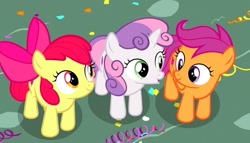 Size: 1200x685 | Tagged: safe, screencap, apple bloom, scootaloo, sweetie belle, earth pony, pegasus, pony, unicorn, g4, the fault in our cutie marks, adorabloom, cute, cutealoo, cutie mark, cutie mark crusaders, cutie mark cuties, diasweetes, female, filly, foal, horn, looking up, the cmc's cutie marks