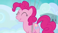 Size: 1200x675 | Tagged: safe, screencap, pinkie pie, earth pony, pony, g4, secrets and pies, ^^, balloon, eyes closed, floating, solo, then watch her balloons lift her up to the sky