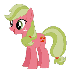 Size: 422x439 | Tagged: safe, artist:selenaede, artist:user15432, pepperdance, earth pony, pony, g4, base used, freckles, generation leap, green hair, green mane, green tail, open mouth, open smile, recolor, red coat, simple background, smiling, solo, tail, transparent background