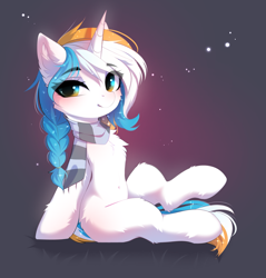 Size: 3711x3877 | Tagged: safe, artist:empress-twilight, oc, oc:blue velvet cake, unicorn, clothes, horn, looking at you, scarf, sitting, smiling, solo
