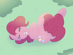 Size: 3342x2532 | Tagged: safe, artist:tkshoelace, pinkie pie, earth pony, pony, g4, bush, grass, laughing, lying down, lying on the ground, on back, solo