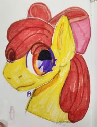 Size: 1536x2000 | Tagged: safe, artist:drathia, apple bloom, earth pony, pony, bust, female, filly, foal, looking at you, photo, portrait, simple background, smiling, smiling at you, solo, traditional art, white background