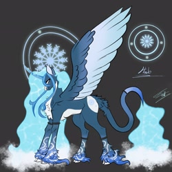 Size: 2048x2048 | Tagged: safe, artist:arcticsaiyan, oc, oc:queen glacious, alicorn, g4, coat markings, cracked horn, glowing, glowing eyes, glowing mane, halo, horn, ice, leonine tail, snow, snowflake, socks (coat markings), solo, tail, water mane