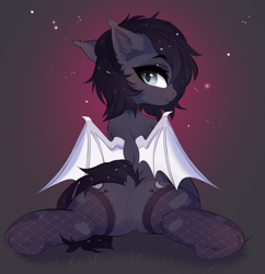 Size: 3385x3499 | Tagged: safe, artist:empress-twilight, oc, oc only, oc:lilac moonbranch, bat pony, pony, bat wings, butt, butt focus, choker, collar, commission, cute, dock, eyebrows, eyebrows visible through hair, featureless crotch, female, gradient background, high res, looking at you, looking back, looking back at you, lying down, mare, plot, prone, smiling, smiling at you, solo, sploot, spread wings, tail, tights, underhoof, white wings, wings, ych result