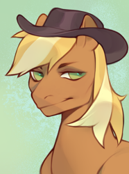 Size: 1560x2100 | Tagged: safe, artist:kuroikamome, oc, oc only, oc:calamity, pegasus, pony, fallout equestria, brown coat, fedora, green eyes, hat, looking at you, male, orange coat, simple background, smiling, solo, stallion, striped mane, yellow mane