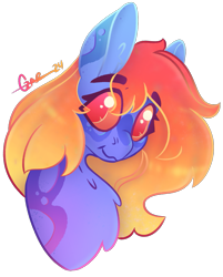 Size: 999x1245 | Tagged: safe, artist:trashpanda czar, oc, oc only, oc:fluorescent mirage, body markings, bust, chest fluff, ear fluff, female, gradient mane, long hair, long mane, looking at you, mare, portrait, simple background, smiling, transparent background