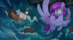 Size: 2560x1400 | Tagged: safe, artist:skysorbett, oc, oc only, oc:sea wave, pegasus, pony, angry, boat, broken, fist, flying, lightning, looking at you, male, ocean, pegasus oc, rain, rock, ship, solo, spread wings, stallion, storm, thunder, water, wave, wings