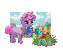 Size: 2500x2000 | Tagged: safe, artist:gor1ck, oc, oc only, oc:samantha mosely, unicorn, commission, female, fence, flower, horn, jewelry, necklace, simple background, solo, transparent background, watering can, ych result