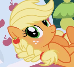Size: 1335x1220 | Tagged: safe, artist:cstrawberrymilk, applejack, earth pony, pony, g4, alternate hairstyle, blushing, braid, cute, female, hooves to the chest, jackabetes, mare, solo