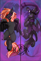 Size: 614x907 | Tagged: safe, artist:beardie, oc, oc:raven stargazer, oc:remnant, bat pony, original species, shark, shark pony, black sclera, body pillow, clothes, goggles, looking at you, looking back, looking back at you, markings, scarf