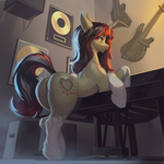 Size: 3000x3000 | Tagged: safe, artist:nsilverdraws, oc, oc:elusive heart, pony, unicorn, backbend, bass guitar, bipedal, bipedal leaning, butt, female, guitar, horn, leaning, looking back, mare, musical instrument, piano, plot, solo