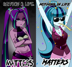 Size: 1500x1400 | Tagged: safe, artist:nekojackun, aria blaze, sonata dusk, human, equestria girls, g4, 2d, armpits, bangs, belly button, breasts, cleavage, clothes, confetti, contrast, crossed arms, diptych, duo, existentialism, eyeshadow, female, fingernails, glasses, legs, lidded eyes, lipstick, makeup, midriff, nihilism, pants, party horn, ponytail, sideburns, skirt, sleeveless, sunglasses, twintails