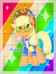 Size: 2419x3187 | Tagged: safe, artist:shangshanruoshui24400, applejack, earth pony, pony, g4, applejack's festival hat, applejack's sunglasses, clothes, female, mare, music festival outfit, rainbow background, solo, sparkles, sunglasses, text
