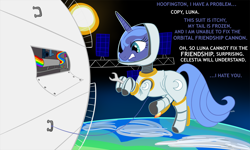 Size: 1500x900 | Tagged: safe, artist:nuclearsuplexattack, princess luna, earth, orbital friendship cannon, space, space station, sun, wrench