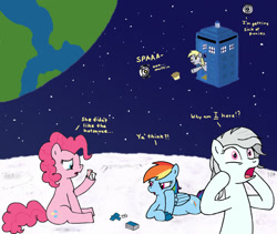 Size: 990x834 | Tagged: safe, artist:muffinsforever, derpy hooves, pinkie pie, rainbow dash, earth pony, pegasus, g4, crossover, doctor who, earth, food, moon, muffin, playing card, portal (valve), portal 2, space, space core, stars, tardis, wheatley