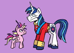 Size: 1770x1250 | Tagged: safe, artist:heckoffmate, princess cadance, shining armor, alicorn, pony, unicorn, g4, blushing, clothes, duo, duo male and female, female, folded wings, height difference, horn, male, mare, meme, messy mane, messy tail, role reversal, ship:shiningcadance, shipping, simple background, size difference, smaller female, smiling, stallion, straight, tail, the bride and the ugly ass groom, uniform, wings