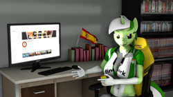 Size: 3840x2160 | Tagged: safe, alternate version, artist:zgsfm, oc, oc only, oc:baetica castanets, unicorn, anthro, plantigrade anthro, 3d, ;p, andalusia, big breasts, book, bookshelf, breasts, chair, coat markings, computer mouse, female, horn, keyboard, mare, monitor, musical, pc, real betis, sitting, solo, spain