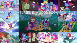 Size: 1952x1099 | Tagged: safe, edit, edited screencap, editor:quoterific, screencap, hitch trailblazer, izzy moonbow, misty brightdawn, pipp petals, sparky sparkeroni, sunny starscout, zipp storm, buried in a good book, g5, my little pony: tell your tale, spoiler:g5, spoiler:my little pony: tell your tale, mane five, mane six (g5)