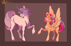 Size: 1985x1276 | Tagged: safe, artist:sabiwabii, oc, oc:moonstone, oc:party favor, pegasus, pony, unicorn, border, brown background, coat markings, duo, duo female, eye clipping through hair, eyebrows, eyebrows visible through hair, eyes closed, female, height difference, horn, magical lesbian spawn, mare, offspring, open mouth, open smile, pale belly, parent:pinkie pie, parent:rainbow dash, parents:pinkiedash, simple background, smiling, socks (coat markings), spread wings, wings
