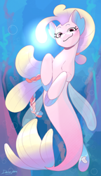 Size: 2387x4132 | Tagged: safe, artist:daisy_marshmallow, destiny (g5), sea pony, g5, female, looking at you, smiling, smiling at you, smirk, solo, underwater, water