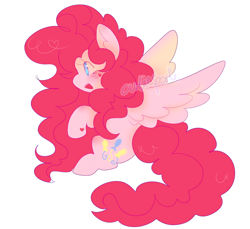 Size: 1564x1432 | Tagged: safe, artist:cutiesparke, pinkie pie, pegasus, pony, g4, :d, blushing, ear fluff, female, hoof heart, lightly watermarked, long hair, long mane, open mouth, open smile, pegasus pinkie pie, race swap, simple background, sitting, smiling, solo, spread wings, underhoof, watermark, white background, wings