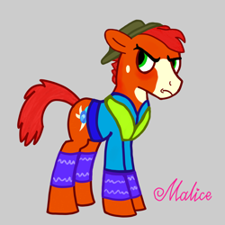 Size: 2048x2048 | Tagged: safe, artist:malice-may, oc, oc only, oc:peacock proud, earth pony, pony, g4, chemistry, clothes, earth pony oc, farmer, green eyes, hat, male, miner, orange coat, red hair, redhead, shirt, simple background, solo, stallion