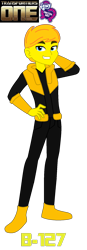 Size: 670x1919 | Tagged: safe, artist:robertsonskywa1, equestria girls, g4, autobot, b-127, bumblebee (transformers), clothes, equestria girls-ified, happy, male, photo, simple background, smiling, solo, teenager, text, transformers, transformers one, transparent background