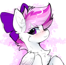 Size: 7000x6937 | Tagged: safe, artist:lunylin, oc, oc only, oc:perfect rays, pegasus, pony, bow, bust, chest fluff, colored wings, female, hair bow, looking at you, side view, simple background, solo, wings