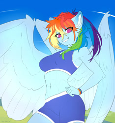 Size: 1280x1369 | Tagged: safe, artist:just_gray-x, rainbow dash, pegasus, anthro, g4, abs, ambiguous facial structure, arm behind head, armpits, belly button, breasts, busty rainbow dash, clothes, ear fluff, eye clipping through hair, large wings, looking at you, low angle, midriff, muscles, no pupils, outdoors, rainbuff dash, shorts, smiling, smiling at you, sports bra, sports shorts, spread wings, stupid sexy rainbow dash, wings, workout outfit, wristband