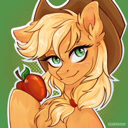 Size: 3072x3072 | Tagged: safe, artist:redjester, applejack, earth pony, pony, g4, apple, applejack's hat, chest fluff, cowboy hat, ear fluff, female, food, freckles, green background, green eyes, hat, icon, mare, simple background, solo
