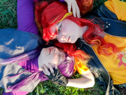 Size: 3824x2868 | Tagged: safe, artist:yuris, sci-twi, sunset shimmer, twilight sparkle, human, equestria girls, g4, clothes, cosplay, costume, female, field, grass, irl, irl human, lesbian, lying down, photo, ship:sci-twishimmer, ship:sunsetsparkle, shipping