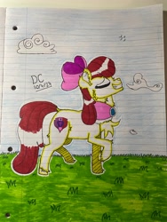Size: 3024x4032 | Tagged: safe, artist:snapple_bloom, apple bloom, earth pony, pony, g4, apple family member, bow, chest fluff, clothes, cloud, ear fluff, eyes closed, female, fetlock tuft, fluffy, goldie delicious' shawl, grass, grass field, lined paper, mare, older, older apple bloom, outdoors, outline, shawl, sky, smiling, smirk, solo, tail, the cmc's cutie marks, traditional art, trotting, unshorn fetlocks