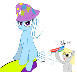 Size: 955x894 | Tagged: safe, derpy hooves, trixie, pegasus, pony, unicorn, clothes, hat, horn, silly, trixie's hat
