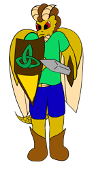 Size: 2160x3840 | Tagged: safe, artist:acid flask, oc, oc:gilded knight (larkyn), dragon, boots, celtic, clothes, determined, digital art, green shirt, horns, irish, male, png, shield, shoes, shorts, spread wings, sword, tail, weapon, wings