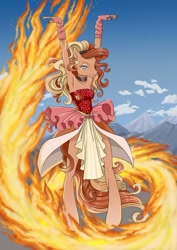 Size: 600x849 | Tagged: safe, artist:baby-blue-bell, part of a set, oc, oc only, unnamed oc, earth pony, anthro, unguligrade anthro, arm warmers, arms in the air, bodice, choker, clothes, fire, lidded eyes, looking at you, mountain, skinny, skirt, standing, thin