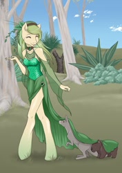 Size: 600x849 | Tagged: safe, artist:baby-blue-bell, oc, oc only, unnamed oc, earth pony, anthro, unguligrade anthro, ^^, animal, bodice, choker, clothes, dress, eyes closed, female, gradient legs, grass, headband, leaves, leaves in hair, mare, skinny, thin, tree