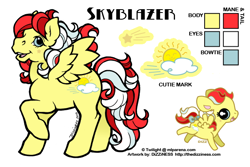Size: 600x400 | Tagged: safe, artist:dizziness, oc, oc only, oc:skyblazer, pegasus, pony, g1, 2010, bow, cheek cutie mark, chibi, color palette, commission, female, mare, mlp arena, open mouth, open smile, raised hoof, reference sheet, simple background, smiling, solo, spread wings, standing, tail, tail bow, white background, wings
