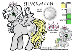 Size: 600x424 | Tagged: safe, artist:dizziness, oc, oc only, oc:silvermoon, pegasus, pony, g1, 2010, bow, chibi, color palette, commission, crown, jewelry, mlp arena, reference sheet, regalia, simple background, solo, spread wings, standing, tail, tail bow, white background, wings