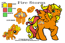 Size: 600x400 | Tagged: safe, artist:dizziness, oc, oc only, oc:fire storm, pegasus, pony, g1, 2010, bow, cheek cutie mark, chibi, color palette, commission, female, mare, mlp arena, pegasus oc, raised hoof, reference sheet, simple background, solo, spread wings, tail, tail bow, white background, wings