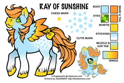 Size: 600x400 | Tagged: safe, artist:dizziness, oc, oc only, oc:ray of sunshine, pegasus, pony, twinkle eyed pony, g1, 2010, appaloosa, bow, chibi, coat markings, color palette, colored hooves, colored wings, commission, female, gem eyes, gradient ears, gradient legs, gradient muzzle, gradient wings, lying down, mare, mlp arena, multicolored wings, pegasus oc, raised hoof, reference sheet, simple background, socks (coat markings), solo, spread wings, tail, tail bow, twinkle eyed pony oc, unshorn fetlocks, white background, wings