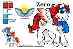Size: 600x400 | Tagged: safe, artist:dizziness, oc, oc only, oc:zero, pegasus, pony, g1, 2010, chibi, clothes, color palette, colored wings, commission, goggles, goggles on head, gradient wings, grin, male, mlp arena, pegasus oc, raised hoof, reference sheet, scarf, simple background, smiling, solo, stallion, unshorn fetlocks, white background, wings