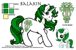 Size: 600x400 | Tagged: safe, artist:dizziness, oc, oc only, oc:balakin, pony, unicorn, g1, 2010, chibi, color palette, commission, female, horn, looking at you, mare, mlp arena, raised hoof, reference sheet, simple background, solo, standing, unicorn oc, white background