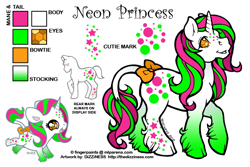 Size: 600x400 | Tagged: safe, artist:dizziness, oc, oc only, oc:neon princess, pony, twinkle eyed pony, unicorn, g1, 2010, bow, chibi, cloven hooves, color palette, commission, female, freckles, gem eyes, gradient legs, horn, leonine tail, mare, mlp arena, neon, open mouth, open smile, raised hoof, reference sheet, simple background, smiling, solo, tail, tail bow, twinkle eyed pony oc, unicorn oc, white background